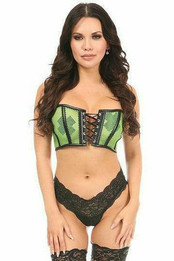Daisy Corsets Lavish Neon Green Fishnet & Faux Leather Lace-Up Short Bustier Top - Daisy Corsets