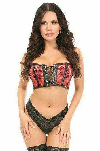 Daisy Corsets Lavish Red Fishnet & Faux Leather Lace-Up Short Bustier Top - Daisy Corsets - Flyclothing LLC