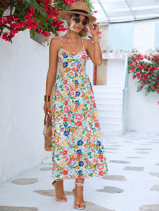 Floral Crisscross Backless Split Dress - Trendsi