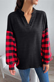 Buffalo Plaid Color Block Balloon Sleeve Top - Trendsi - Flyclothing LLC
