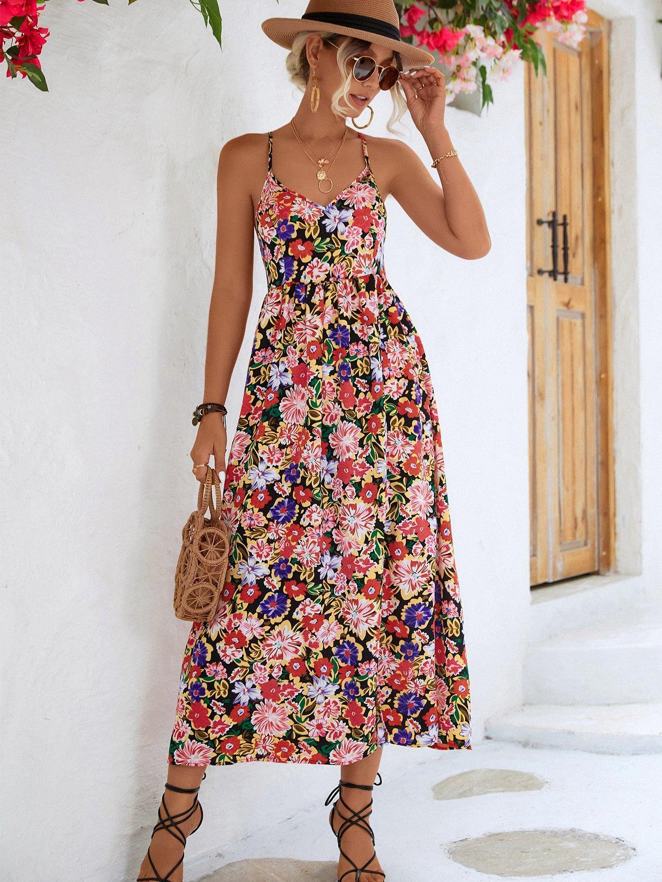 Floral Crisscross Backless Split Dress - Flyclothing LLC