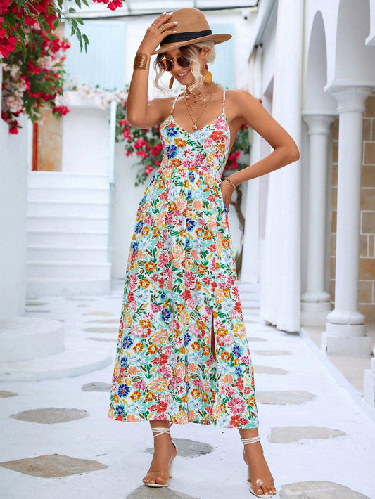 Floral Crisscross Backless Split Dress - Trendsi