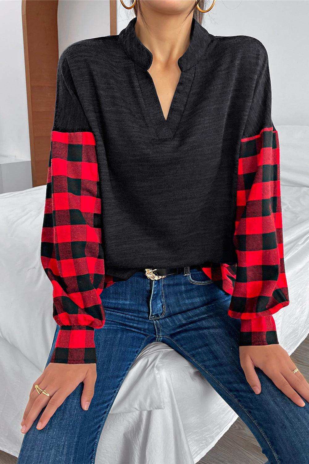Buffalo Plaid Color Block Balloon Sleeve Top - Trendsi - Flyclothing LLC