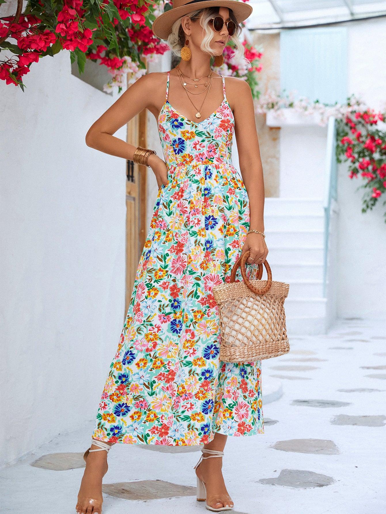 Floral Crisscross Backless Split Dress - Flyclothing LLC
