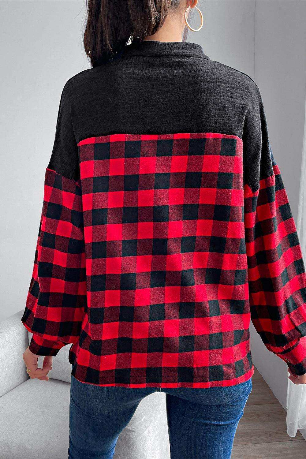 Buffalo Plaid Color Block Balloon Sleeve Top - Trendsi - Flyclothing LLC