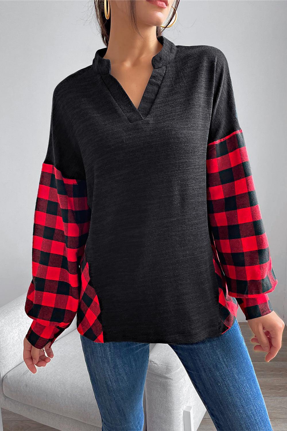 Buffalo Plaid Color Block Balloon Sleeve Top - Trendsi