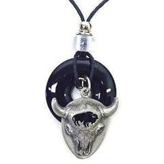 Bison Skull Adjustable Cord Necklace with Onyx Colored Disc - Flyclothing LLC