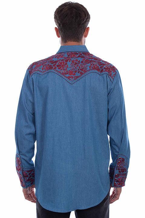 Scully Leather 65% Polyester 35% Rayon Blue-Cranberry Floral Tooled Embroidery Shirt - Scully Leather