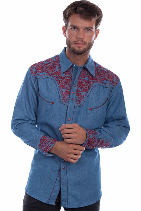 Scully Leather 65% Polyester 35% Rayon Blue-Cranberry Floral Tooled Embroidery Shirt - Flyclothing LLC