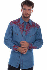 Scully Leather 65% Polyester 35% Rayon Blue-Cranberry Floral Tooled Embroidery Shirt - Scully Leather