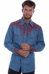 Scully Leather 65% Polyester 35% Rayon Blue-Cranberry Floral Tooled Embroidery Shirt - Flyclothing LLC
