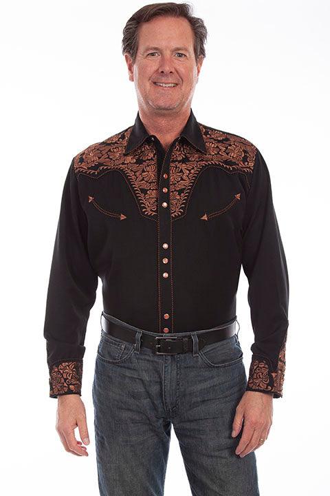 Scully BLACK FLORAL TOOLED EMBROIDERY SHIRT - Flyclothing LLC