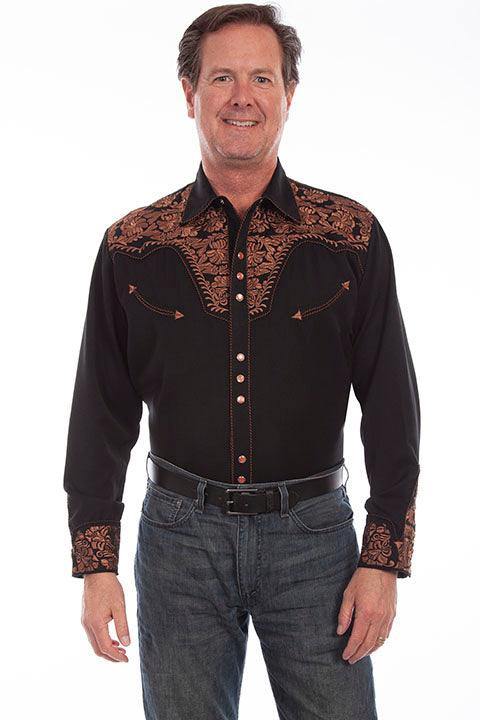 Scully BLACK FLORAL TOOLED EMBROIDERY SHIRT - Scully Leather