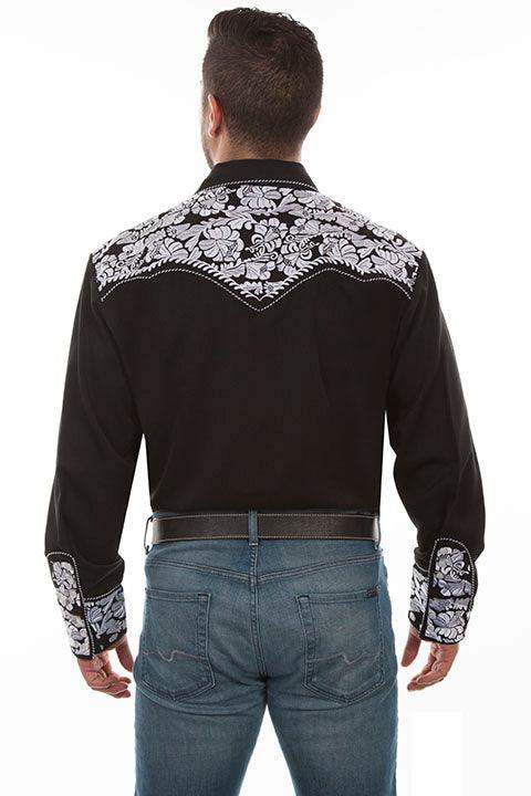 Scully Leather Black-White Floral Tooled Embroidery Mens Shirt - Scully Leather - Flyclothing LLC