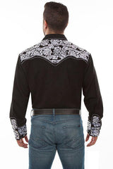 Scully Leather Black-White Floral Tooled Embroidery Mens Shirt - Scully Leather