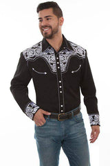 Scully Leather Black-White Floral Tooled Embroidery Mens Shirt - Scully Leather - Flyclothing LLC