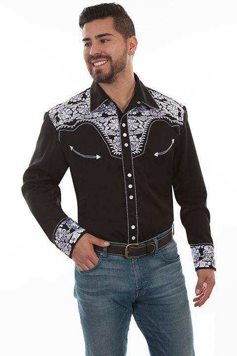 Scully BLACK-WHITE FLORAL TOOLED EMBROIDERY SHIRT - Scully Leather - Flyclothing LLC