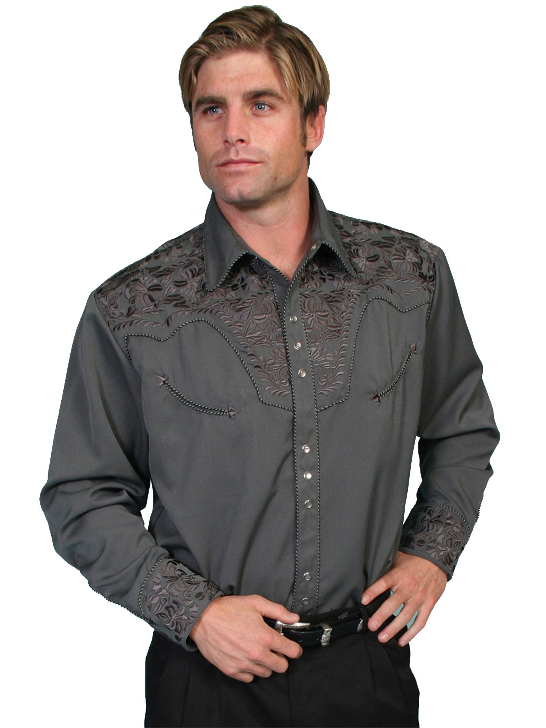Scully CHARCOAL FLORAL TOOLED EMBROIDERY SHIRT - Flyclothing LLC