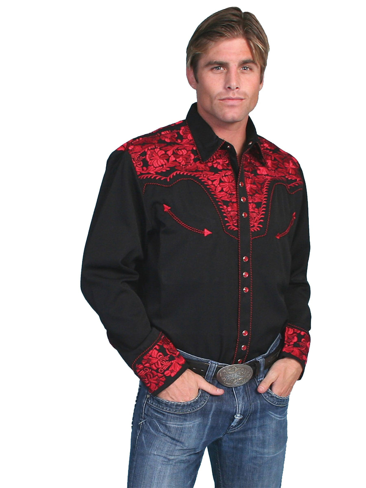Scully CRIMSON FLORAL TOOLED EMBROIDERY SHIRT - Flyclothing LLC