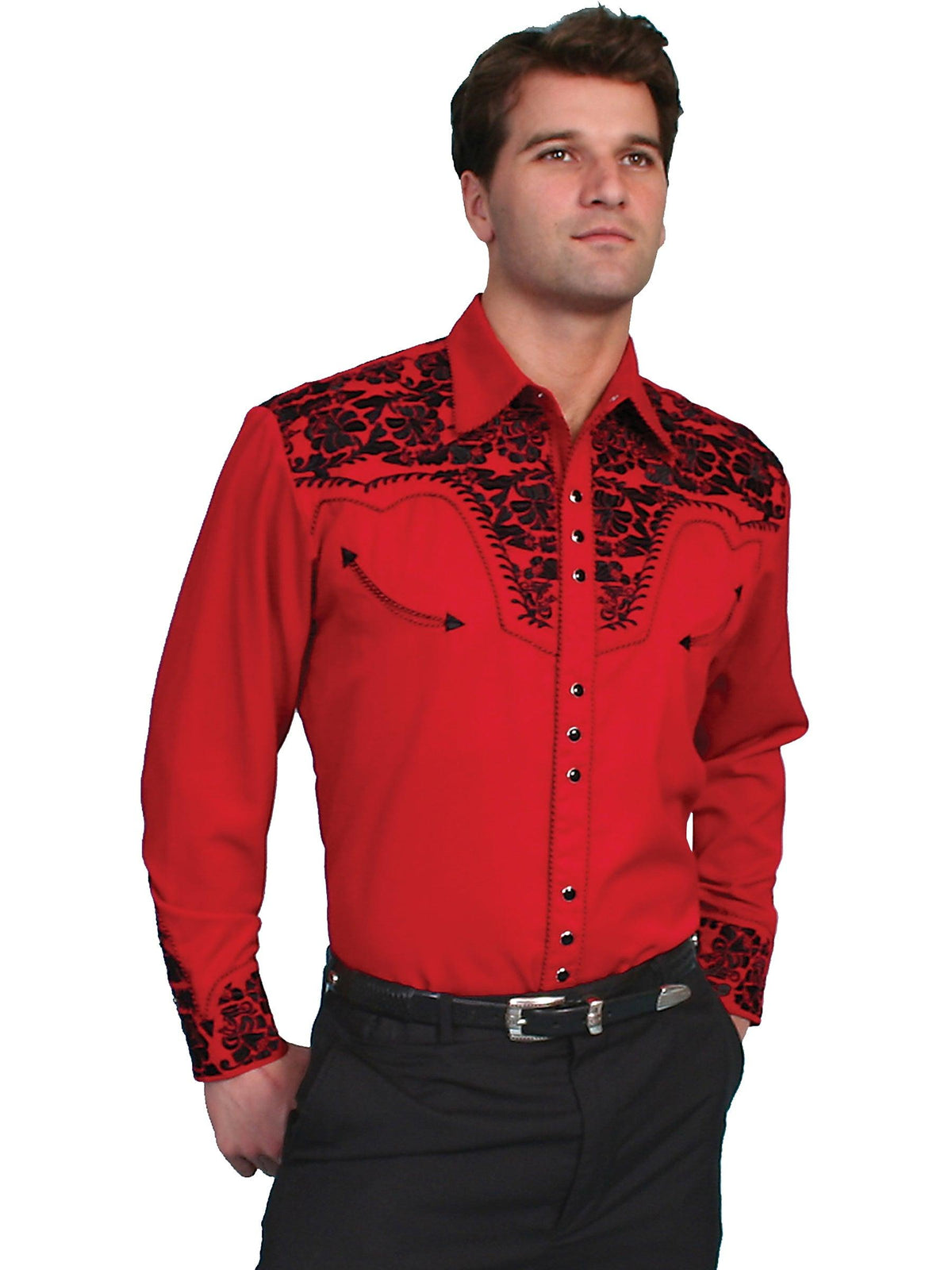 Scully RED FLORAL TOOLED EMBROIDERY SHIRT - Flyclothing LLC