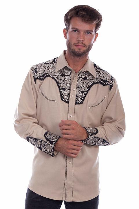 Scully Leather Western Scully Tan Floral Tooled Embroidery Shirt - Scully Leather