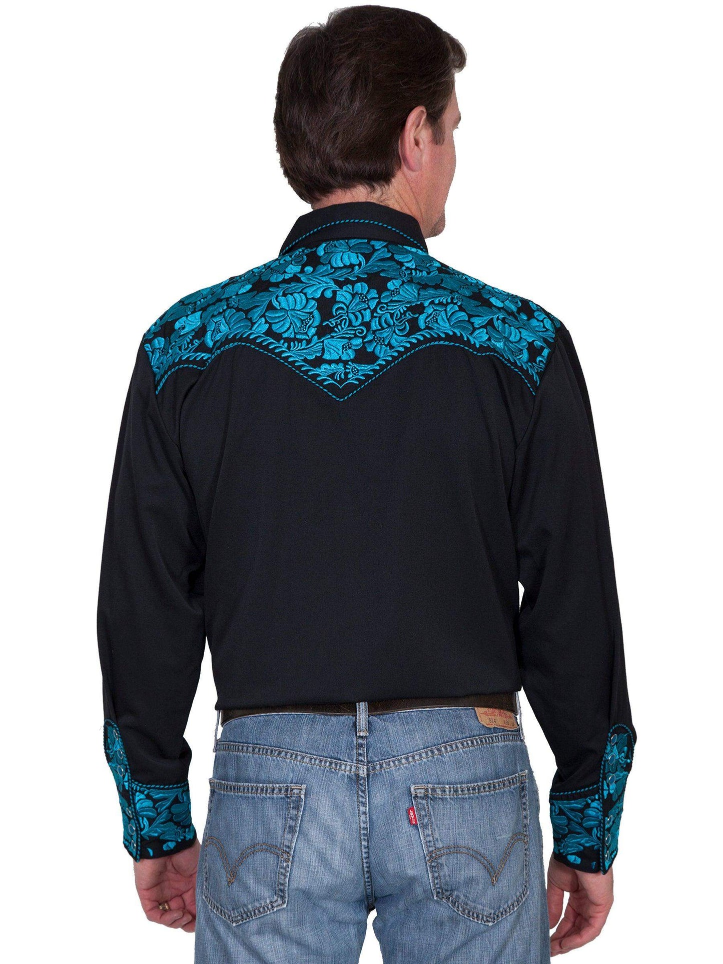 Scully TURQUOISE FLORAL TOOLED EMBROIDERY SHIRT - Scully Leather - Flyclothing LLC
