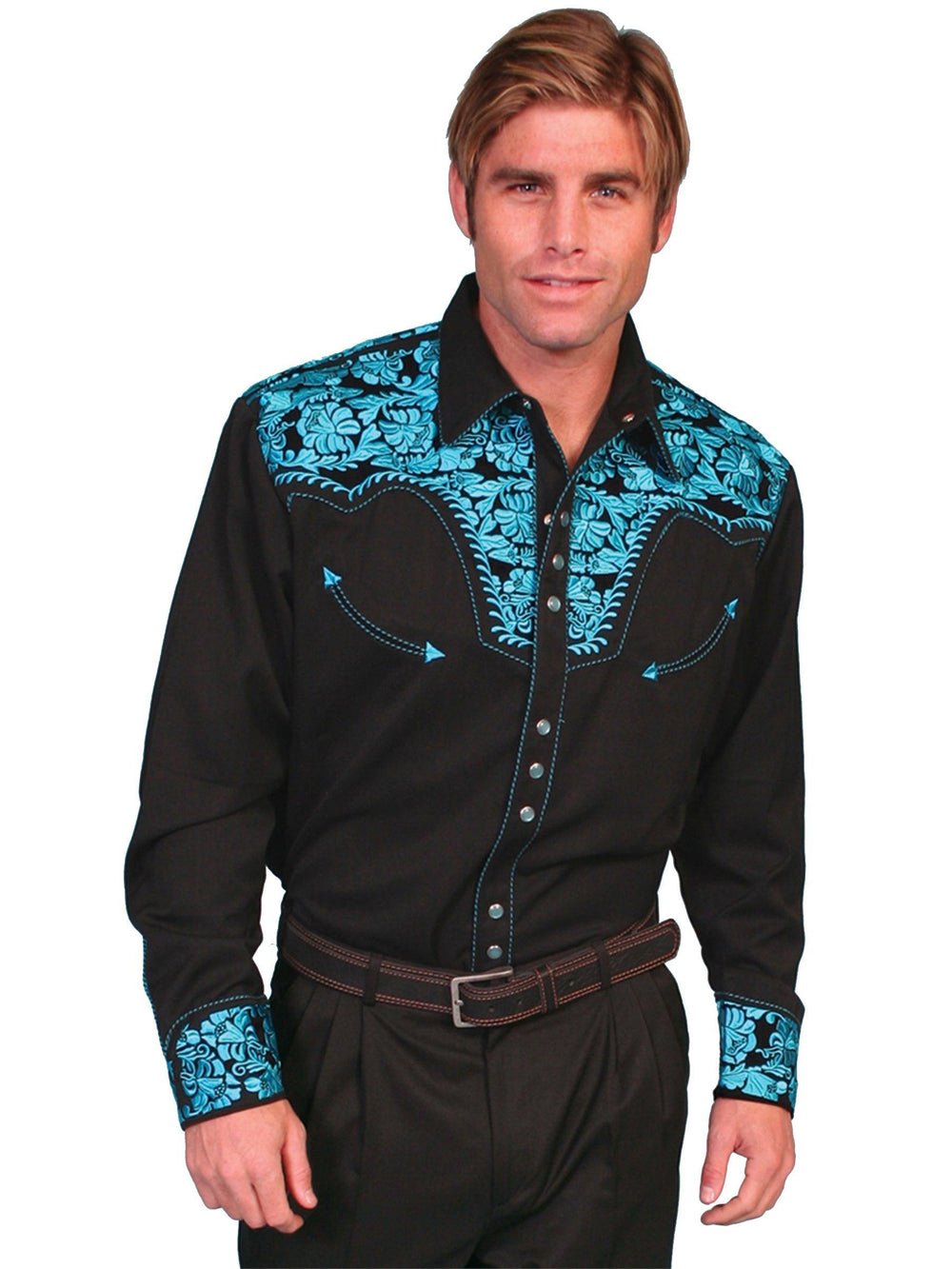 Scully TURQUOISE FLORAL TOOLED EMBROIDERY SHIRT - Scully Leather