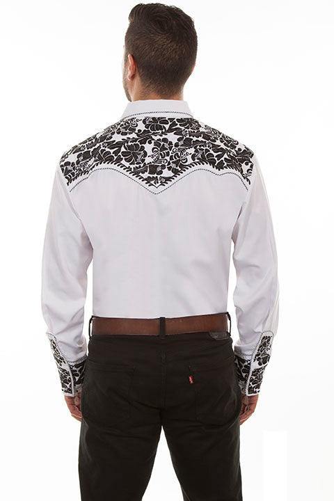 Scully WHITE-BLACK FLORAL TOOLED EMBROIDERY SHIRT - Scully Leather