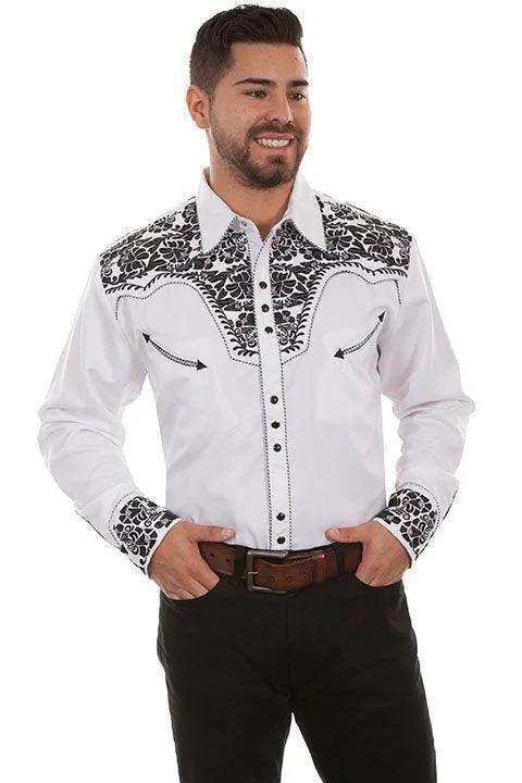 Scully WHITE-BLACK FLORAL TOOLED EMBROIDERY SHIRT - Scully Leather