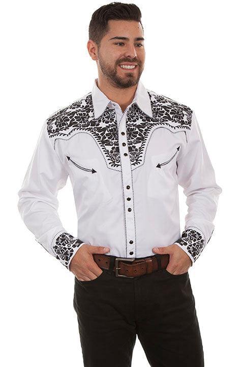 Scully WHITE-BLACK FLORAL TOOLED EMBROIDERY SHIRT - Scully Leather