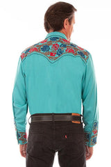 Scully Leather Turquoise Colorful Floral Tooled Emb. Mens Shirt - Flyclothing LLC