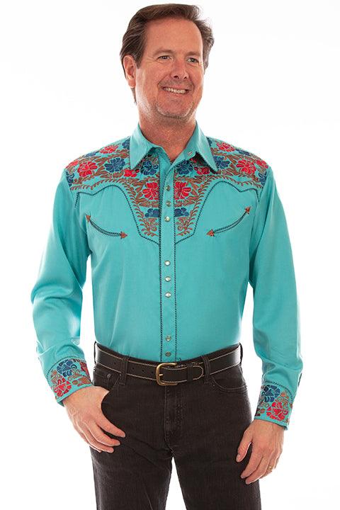 Scully Leather Turquoise Colorful Floral Tooled Emb. Mens Shirt - Flyclothing LLC