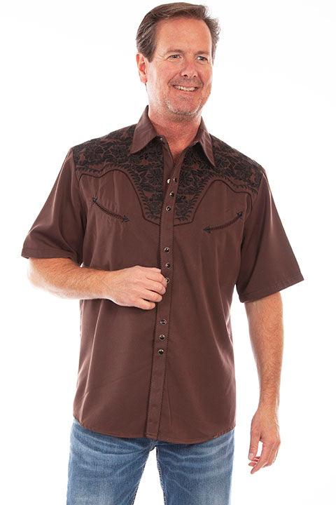 Scully CHOCOLATE SHORT SLEEVE FLORAL TOOLED EMB. SHIR - Flyclothing LLC