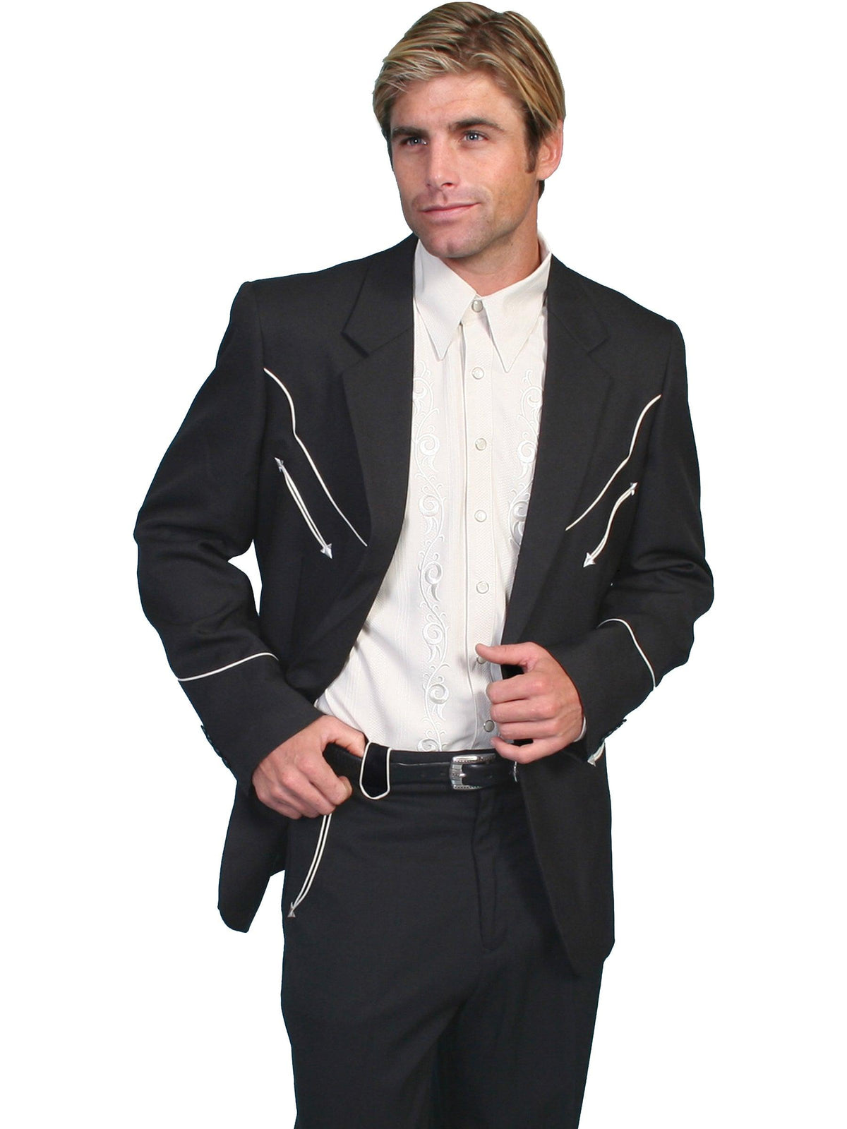 Scully Leather Black Solid Blazer W/Piping Men Jacket - Flyclothing LLC