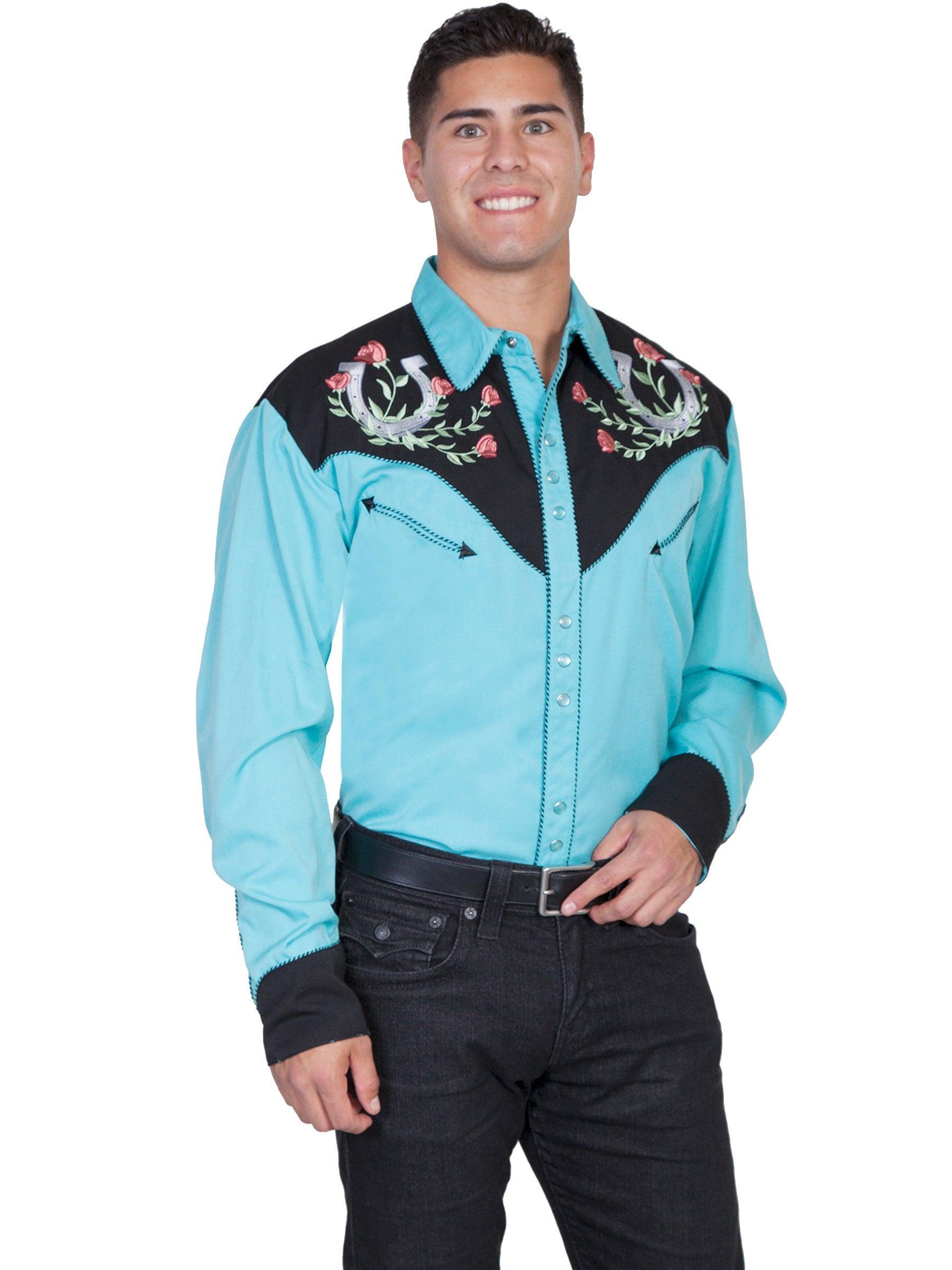 Scully TURQUOISE HORSESHOE ROSE EMBROIDERY SHIRT - Flyclothing LLC