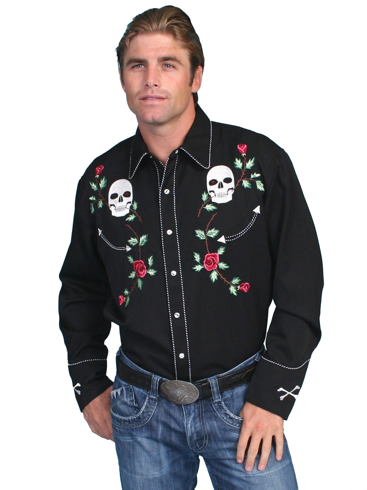 Scully BLACK SKULL/ROSE EMBROIDERED SHIRT - Flyclothing LLC