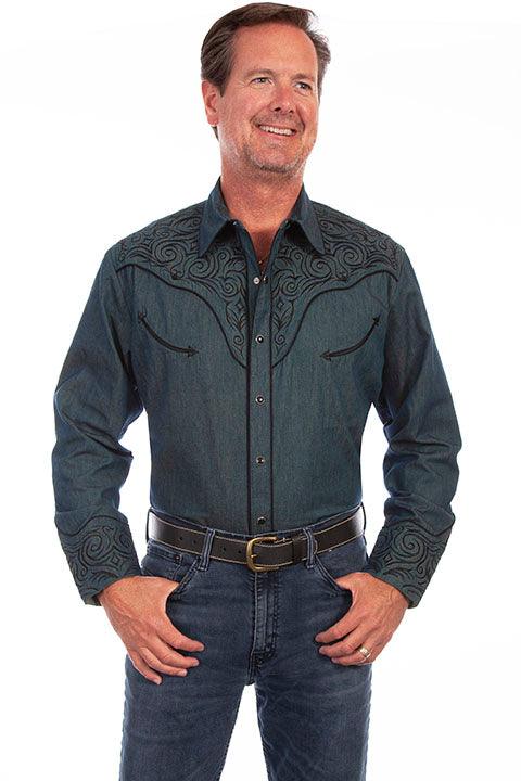 Scully Leather Denim Embroidered Scroll Mens Shirt - Flyclothing LLC