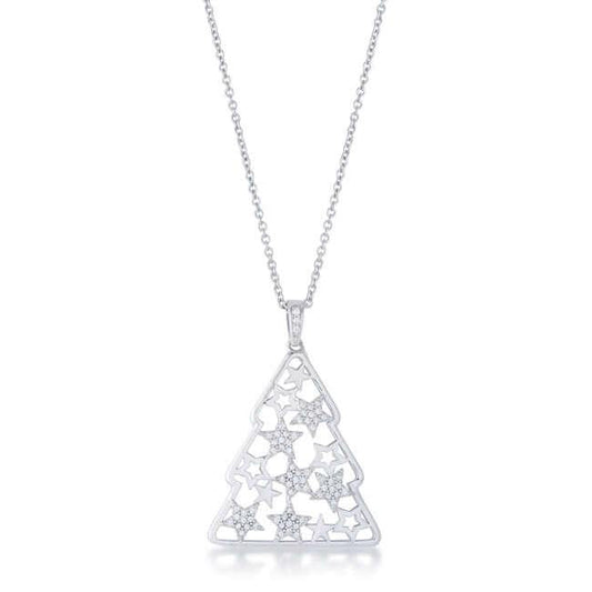 .2 ct CZ Rhodium Christmas Tree With Mixed Stars Pave Holiday Pendant - JGI