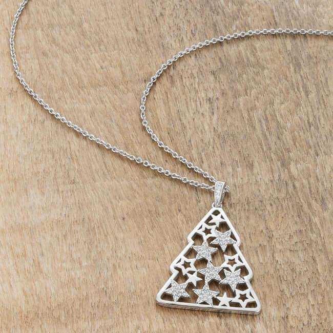 .2 ct CZ Rhodium Christmas Tree With Mixed Stars Pave Holiday Pendant - JGI - Flyclothing LLC