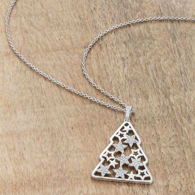 .2 ct CZ Rhodium Christmas Tree With Mixed Stars Pave Holiday Pendant - JGI - Flyclothing LLC