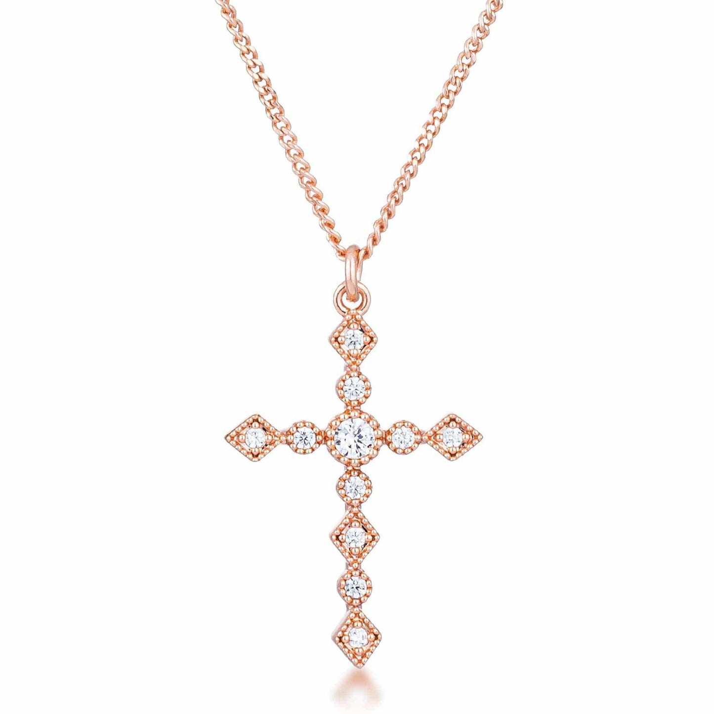 Dainty Art Deco Rose Gold Plated Clear CZ Cross Pendant - JGI - Flyclothing LLC