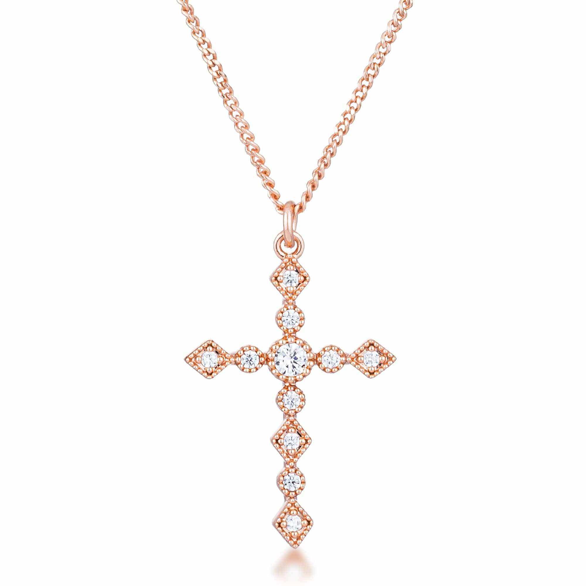 Dainty Art Deco Rose Gold Plated Clear CZ Cross Pendant - JGI - Flyclothing LLC