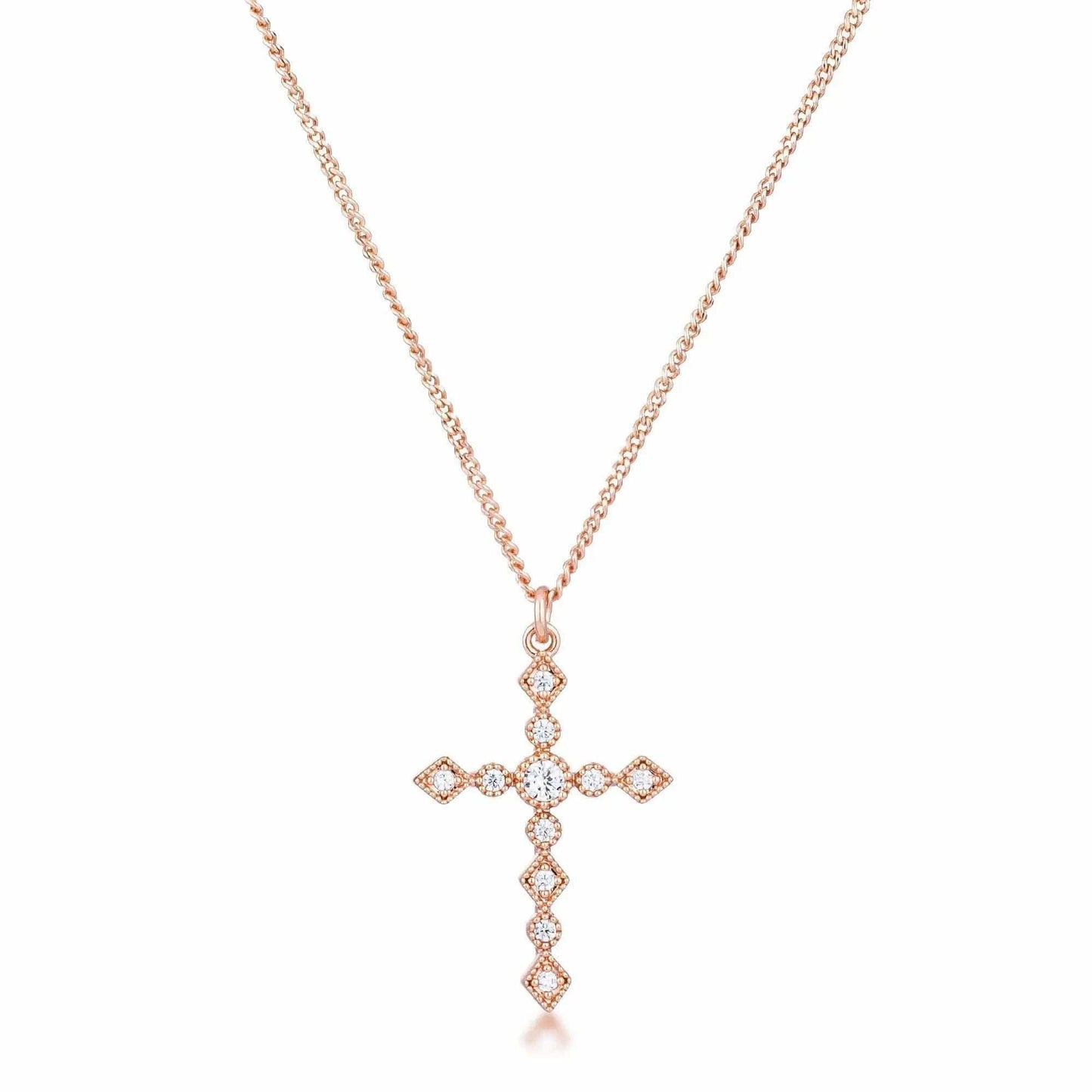 Dainty Art Deco Rose Gold Plated Clear CZ Cross Pendant - JGI - Flyclothing LLC