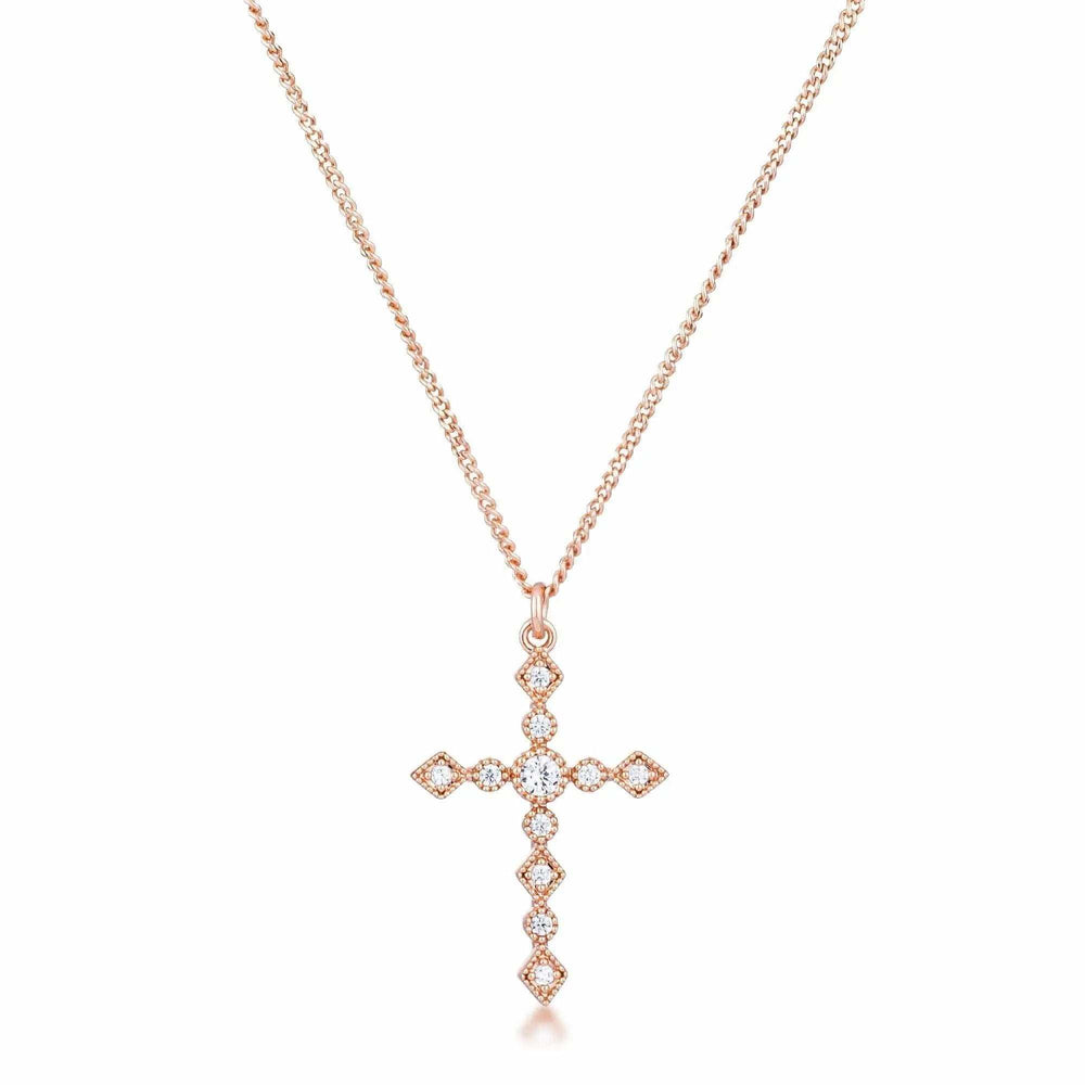 Dainty Art Deco Rose Gold Plated Clear CZ Cross Pendant - JGI - Flyclothing LLC