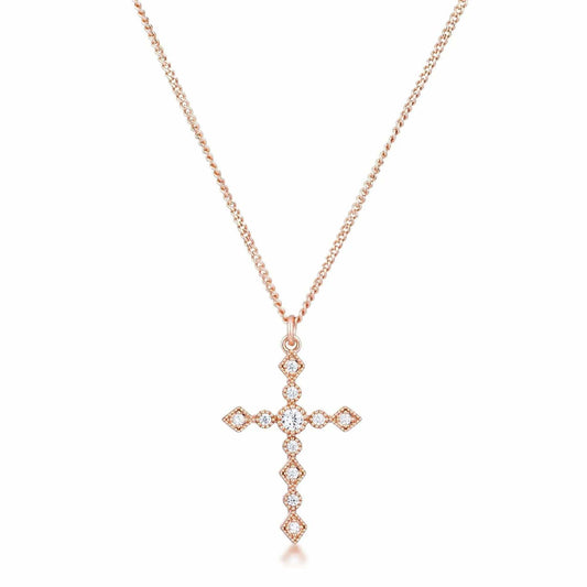 Dainty Art Deco Rose Gold Plated Clear CZ Cross Pendant - JGI - Flyclothing LLC