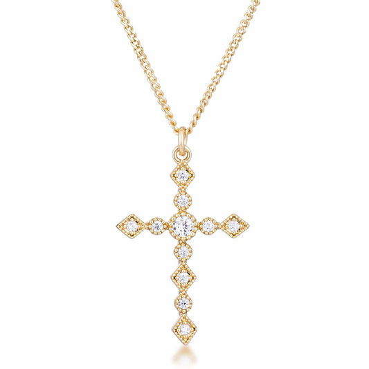 Dainty Art Deco Gold Plated Clear CZ Cross Pendant - JGI - Flyclothing LLC