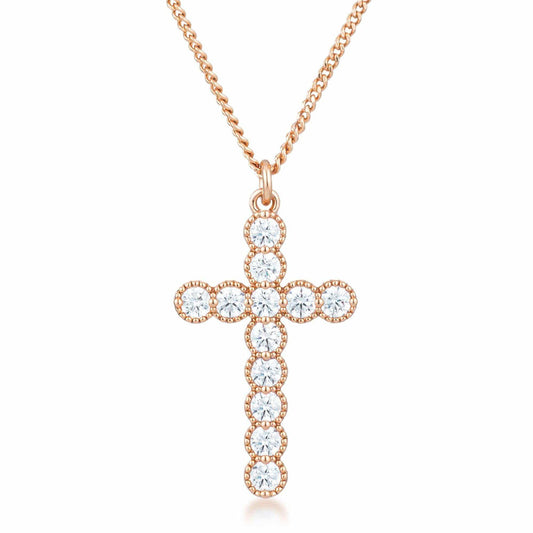 Micro Beaded Rose Gold Plated Clear CZ Cross Pendant - JGI - Flyclothing LLC