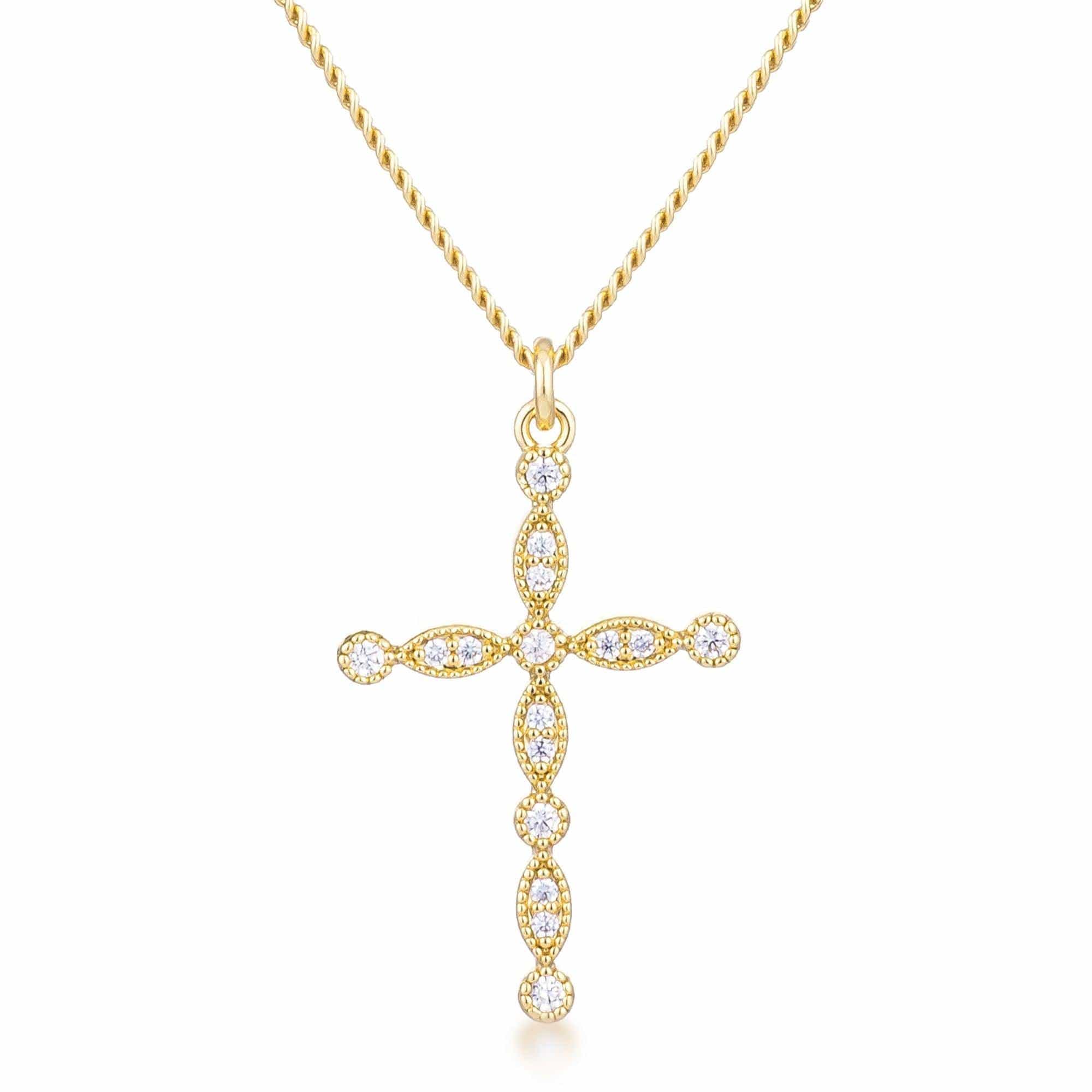 Delicate Vintage Gold Plated Clear CZ Cross Pendant - Flyclothing LLC