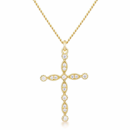 Delicate Vintage Gold Plated Clear CZ Cross Pendant - JGI