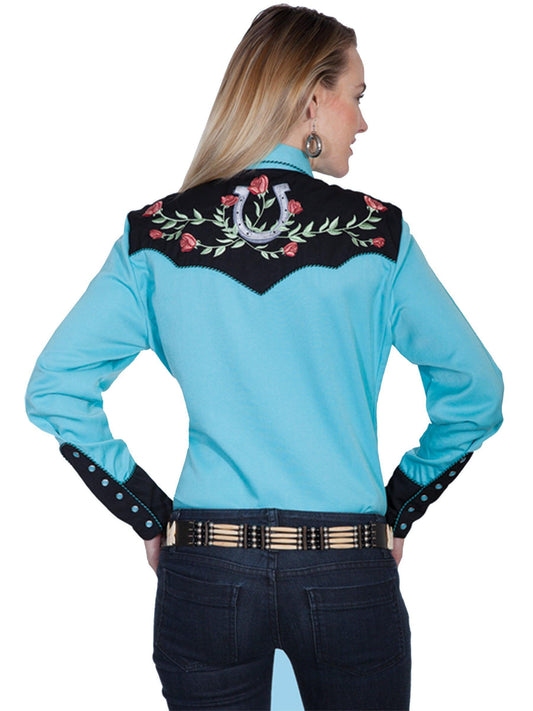 Scully TURQUOISE HORSE SHOE EMBROIDERED BLOUSE - Flyclothing LLC